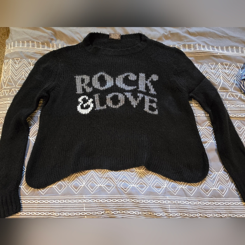 Wooden Ships Black Sweater with Gray "ROCK & LOVE" Graphic